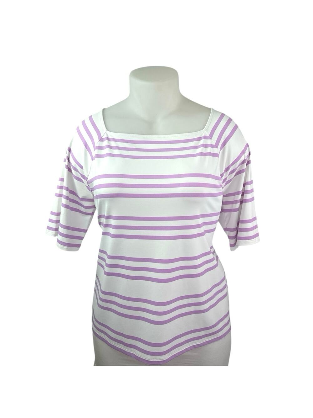 Talbots Women's White Purple Striped Square Neck Short Sleeve Blouse Top Size XL